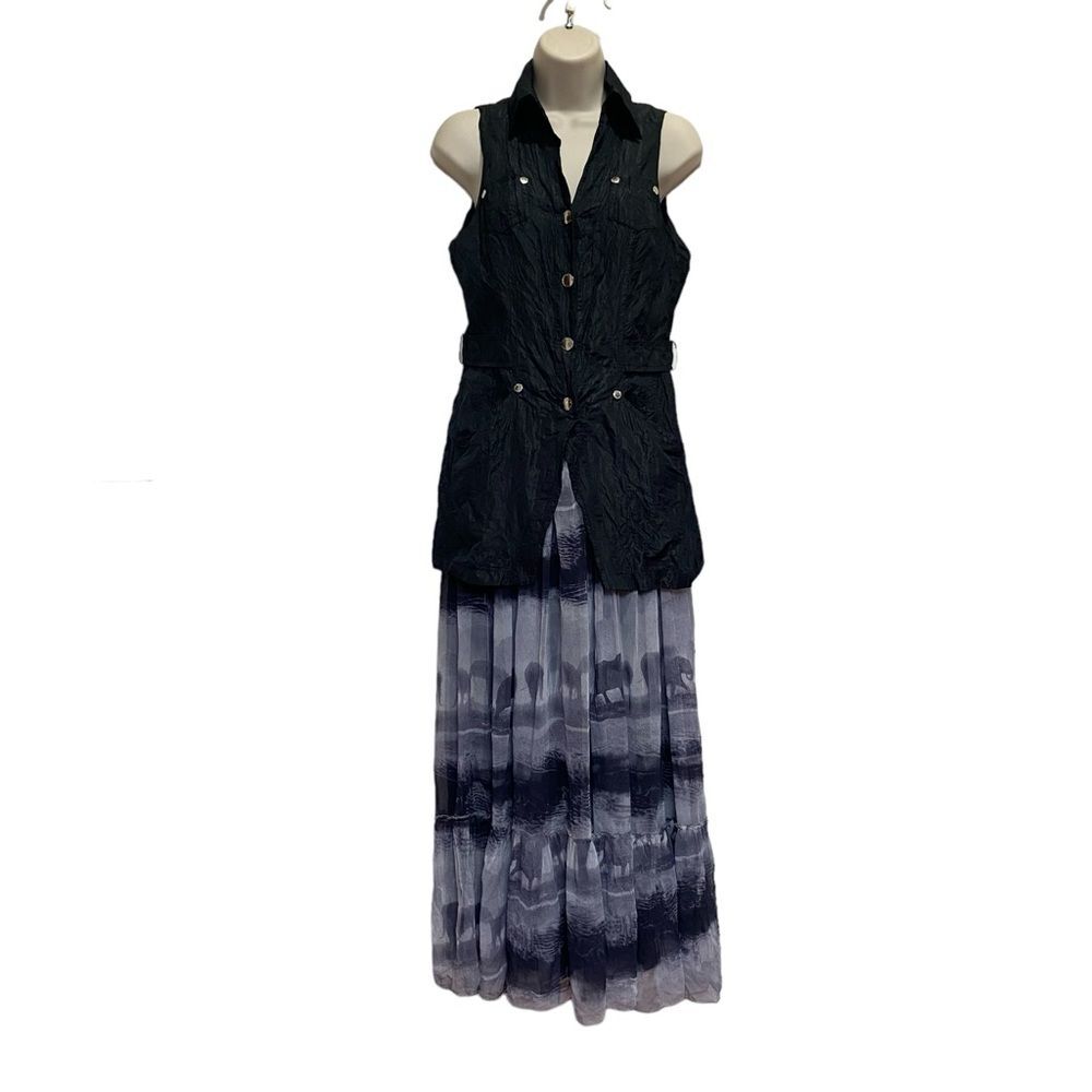 Javier Simorra Dress Sleeveless Safari Elephants Snap Front Chiffon Skirt Sz 4
